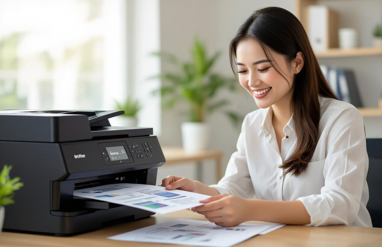Một Khách Hàng Nữ Đang Vui Vẻ Sử Dụng Máy In Sau Khi Được Sửa Chữa.