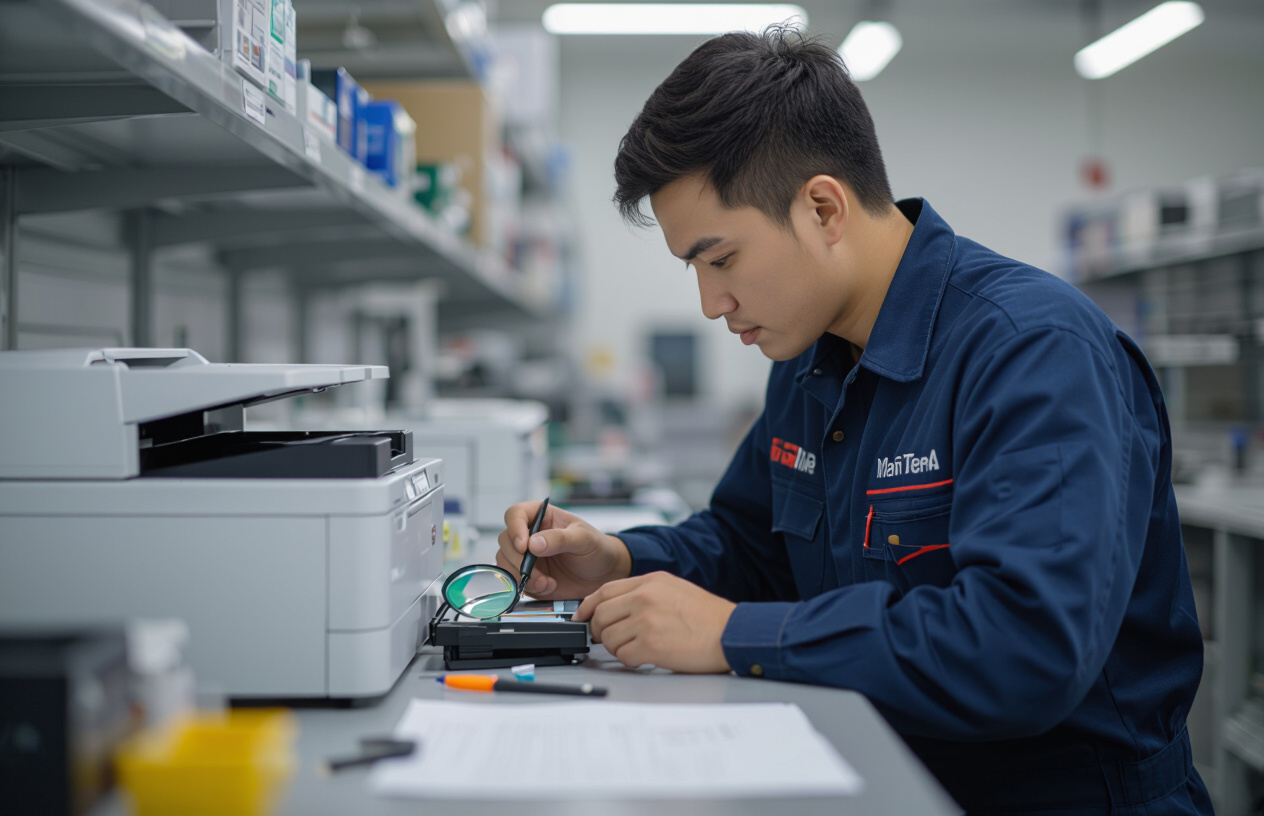 Kỹ Thuật Viên Chuyên Nghiệp Của Máy Tính Bến Tre Đang Kiểm Tra Đầu Phun Máy In Canon.