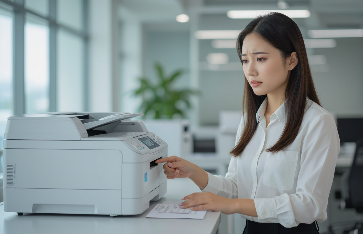 Người Dùng Máy Photocopy Đang Bối Rối Nhìn Vào Máy Không Hoạt Động Ở Bến Tre