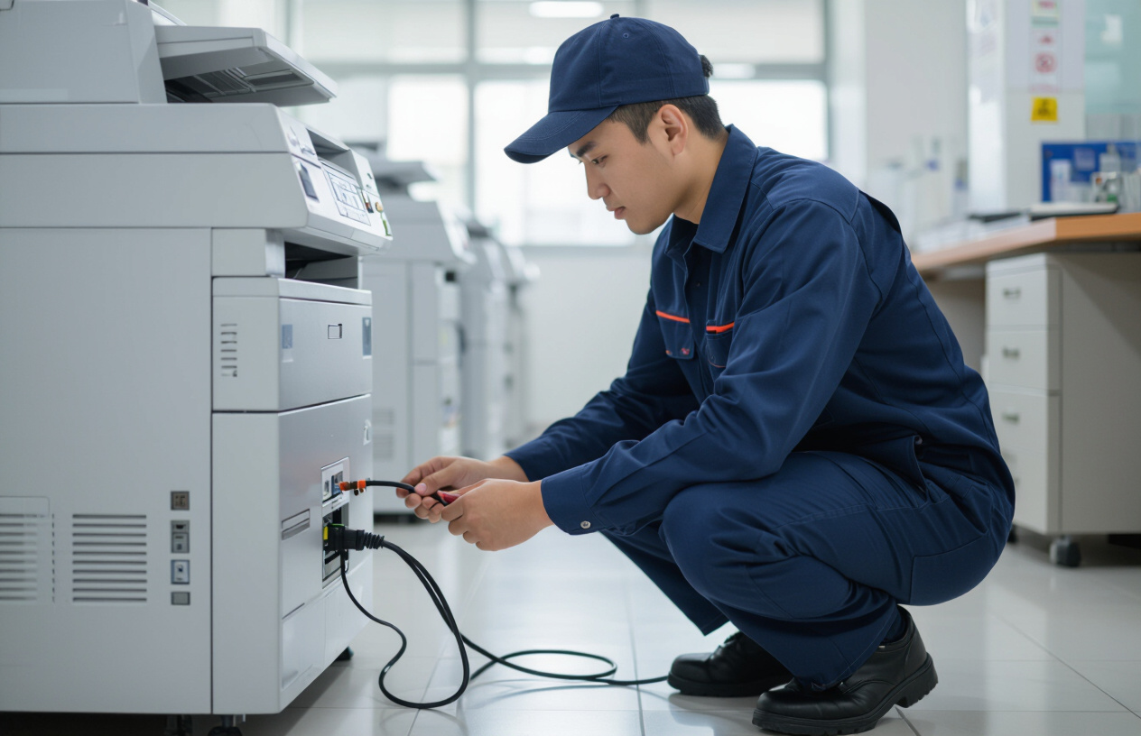 Kỹ Thuật Viên Chuyên Nghiệp Của Máy Tính Bến Tre Đang Kiểm Tra Nguồn Điện Máy Photocopy