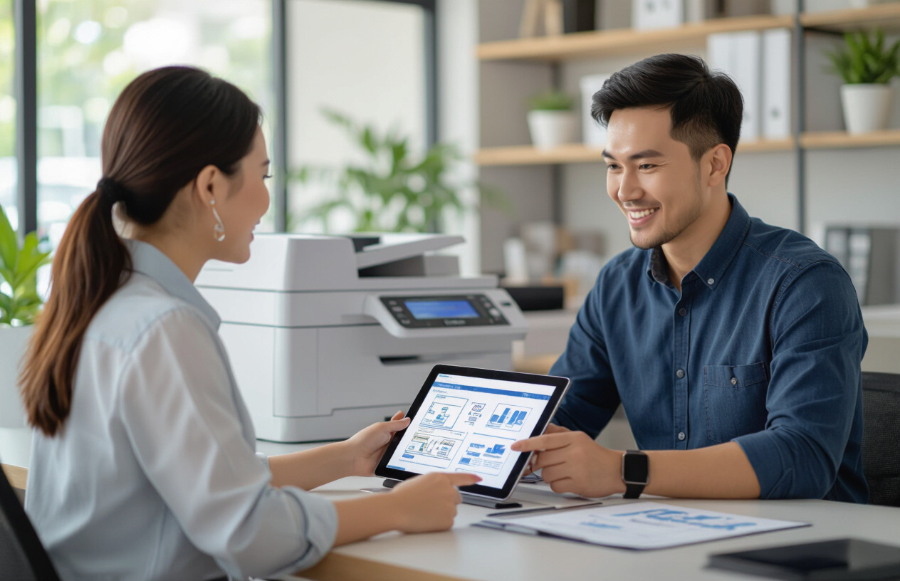 Nhân Viên Máy Tính Bến Tre Đang Tư Vấn Nhiệt Tình Cho Khách Hàng Về Dịch Vụ Sửa Máy Photocopy