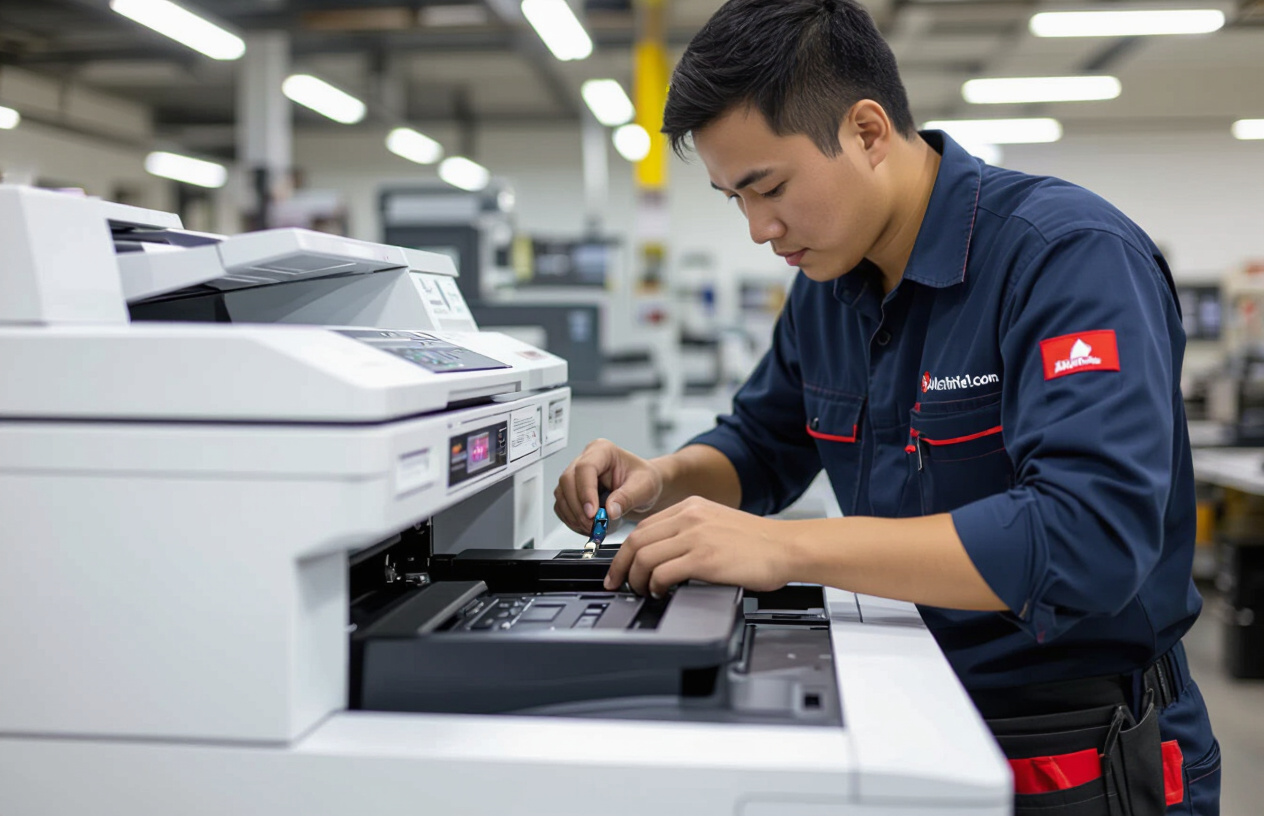 Một Chiếc Máy Photocopy Hiện Đại Đang Được Bảo Trì Bởi Kỹ Thuật Viên Máy Tính Bến Tre, Với Logo Máy Tính Bến Tre Rõ Rà