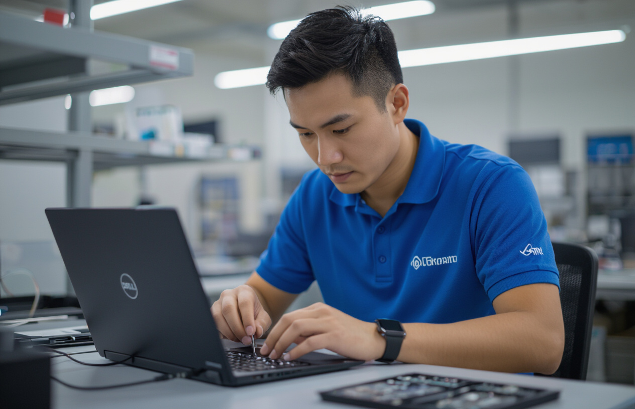 Kỹ Thuật Viên Máy Tính Bến Tre Đang Kiểm Tra Và Sửa Chữa Nút Nguồn Laptop Dell Xps 15 Chuyên Nghiệp.