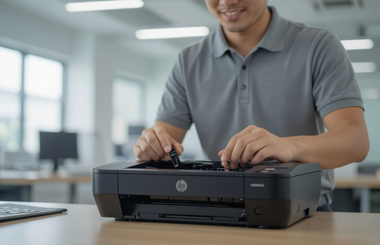 Kỹ Thuật Viên Máy Tính Bến Tre Đang Kiểm Tra Máy In Hp 1160 Tại Văn Phòng Khách Hàng.