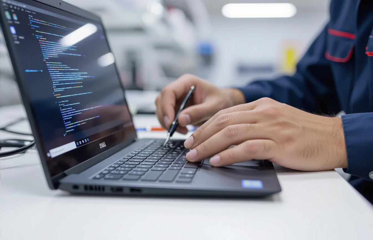Kỹ Thuật Viên Chuyên Nghiệp Tại Máy Tính Bến Tre Đang Kiểm Tra Màn Hình Laptop Dell Bị Sọc Ngang.