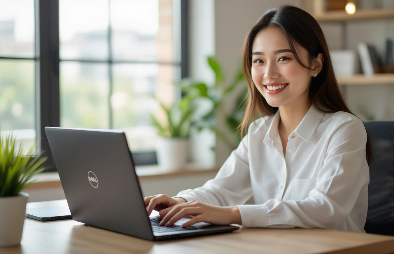 Người Dùng Vui Vẻ Làm Việc Trên Laptop Dell Vostro Đã Được Thay Màn Hình Mới.