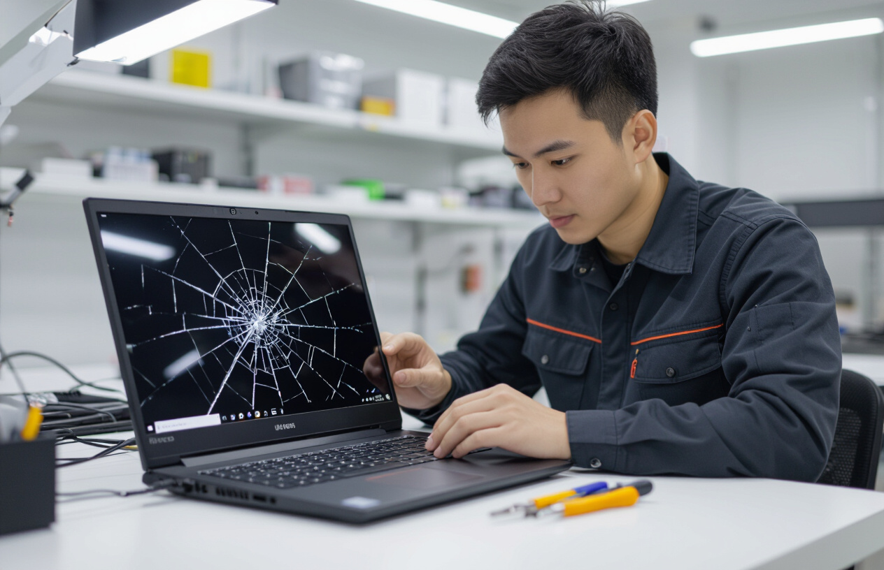 Kỹ Thuật Viên Đang Kiểm Tra Màn Hình Laptop Lenovo Legion 5 Pro Bị Vỡ Tại Bến Tre.