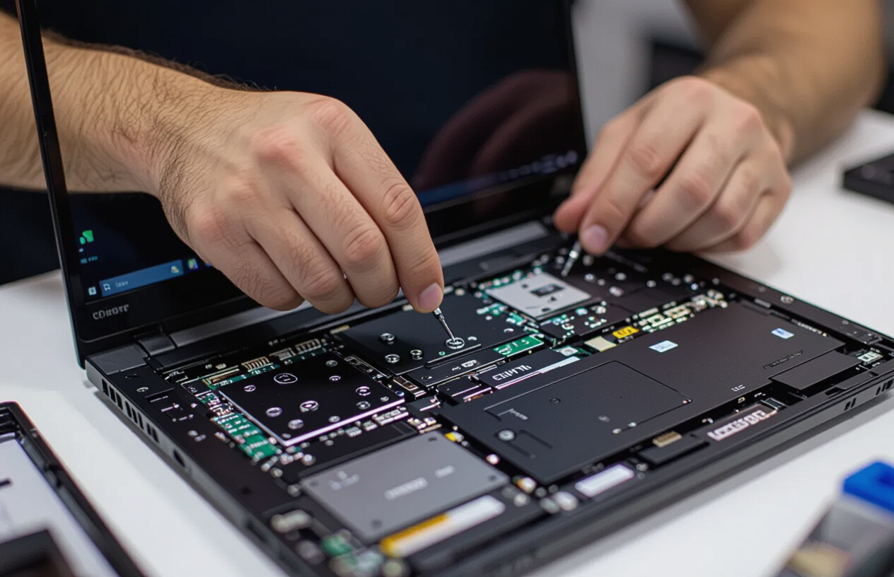 Kỹ Thuật Viên Đang Lắp Ráp Lại Laptop Sau Khi Thay Màn Hình, Đảm Bảo Mọi Chi Tiết Được Cố Định Chắc Chắn.