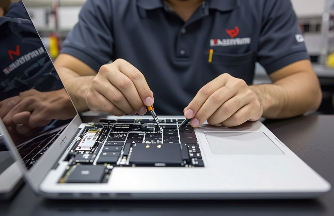 Kỹ Thuật Viên Chuyên Nghiệp Tại Máy Tính Bến Tre Đang Thay Pin Cho Macbook Pro 13 Inch 2017.