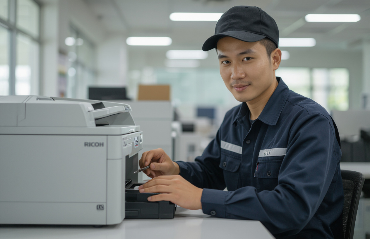 Kỹ Thuật Viên Chuyên Nghiệp Của Máy Tính Bến Tre Đang Thay Trống (Drum) Cho Máy Photocopy Ricoh.