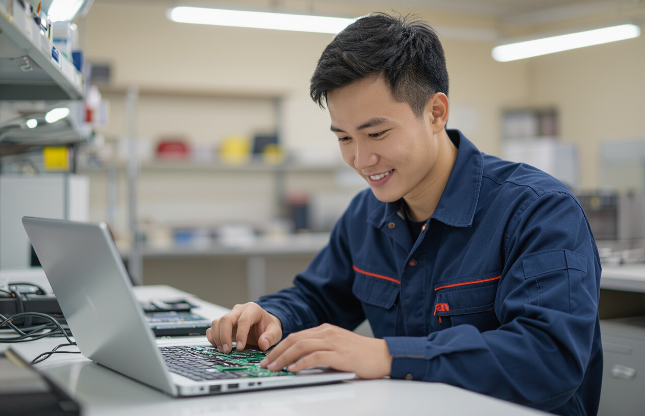 Một Kỹ Thuật Viên Máy Tính Bến Tre Đang Làm Việc Với Nụ Cười Hài Lòng, Thể Hiện Sự Chuyên Nghiệp