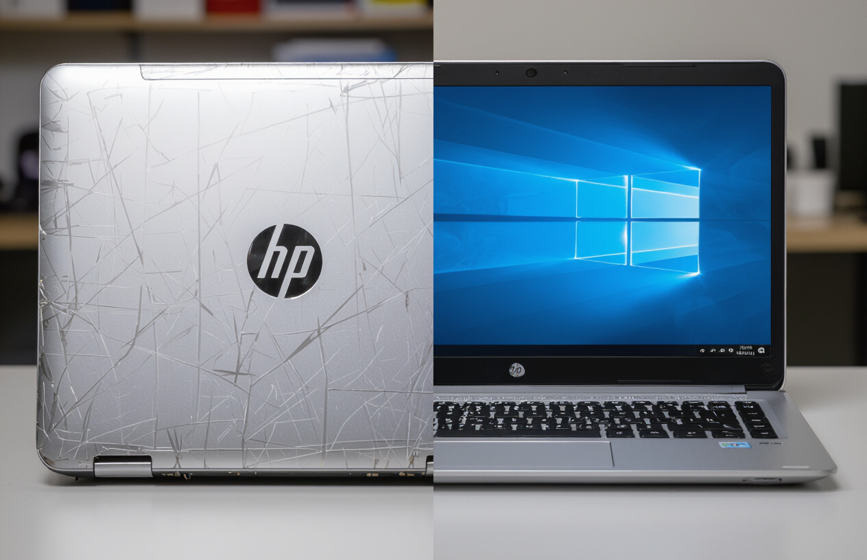 Hình Ảnh So Sánh Trước Và Sau Khi Thay Vỏ Laptop Hp Pavilion 14 Bị Trầy Xước, Với Vỏ Mới Sáng Bóng.