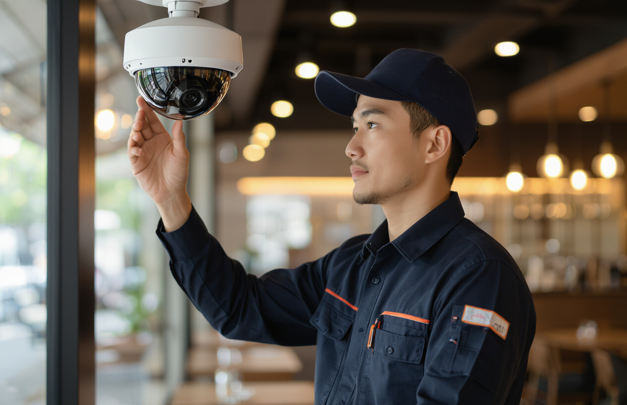 Kỹ Thuật Viên Máy Tính Bến Tre Đang Lắp Đặt Camera An Ninh Tại Nhà Hàng.