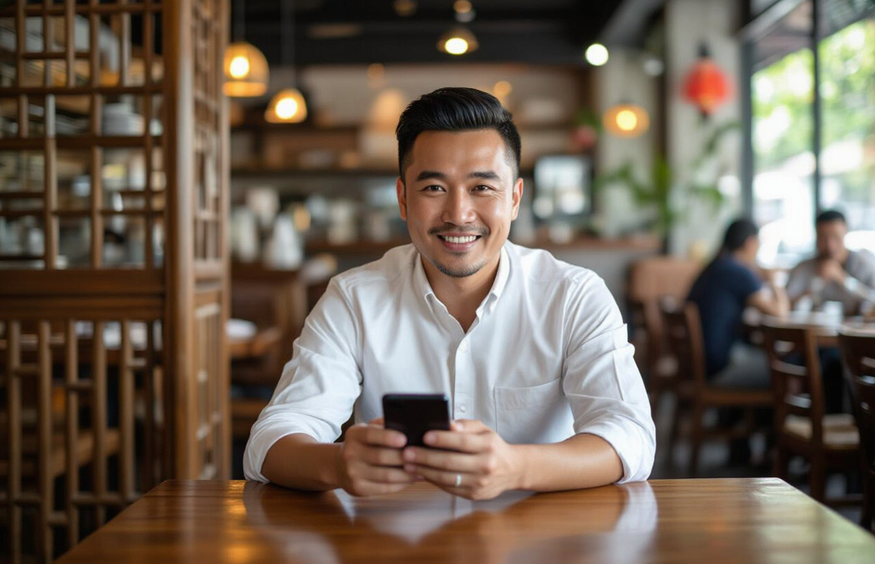 Chủ Quán Ăn Tại Bến Tre Đang Xem Hình Ảnh Camera An Ninh Trên Điện Thoại Thông Minh, Thể Hiện Sự An Tâm.
