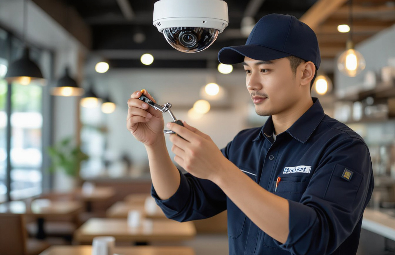 Kỹ Thuật Viên Chuyên Nghiệp Của Máy Tính Bến Tre Đang Thi Công Lắp Đặt Camera Giám Sát Trong Quán Ăn Một Cách Tỉ Mỉ.