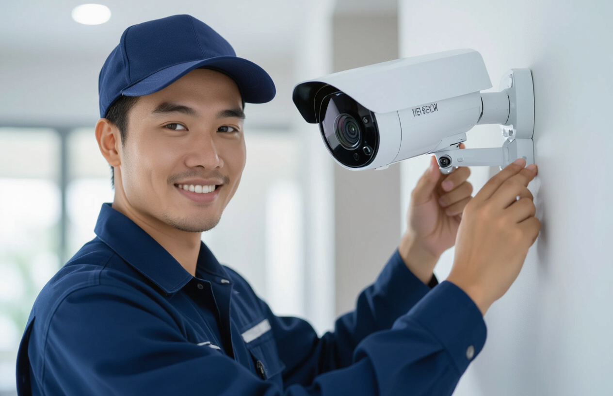 Chuyên Viên Máy Tính Bến Tre Đang Kiểm Tra Hệ Thống Camera Chống Trộm Sau Khi Thi Công Tại Một Ngôi Nhà Hiện Đại Ở Bến