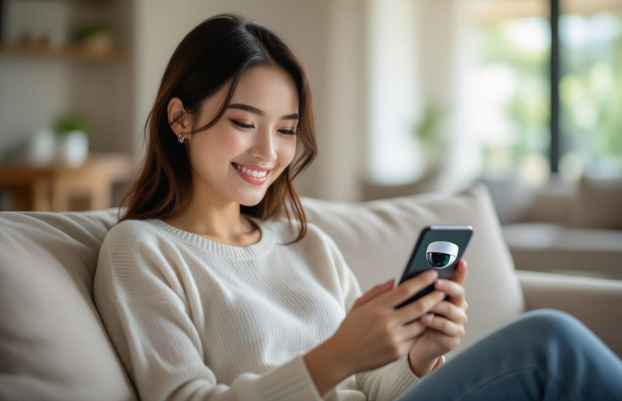 Người Phụ Nữ Việt Nam Đang An Tâm Theo Dõi Camera Chống Trộm Qua Ứng Dụng Trên Điện Thoại Di Động Của Mình.