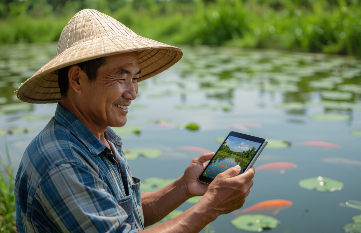 Người Nông Dân Bến Tre Kiểm Tra Hệ Thống Giám Sát Ao Cá Trên Thiết Bị Di Động, Tiện Lợi Và Hiệu Quả.