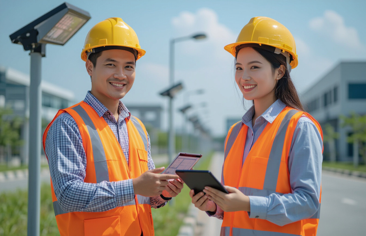 Đội Ngũ Kỹ Thuật Viên Maytinhbentre.Com Kiểm Tra Hệ Thống Đèn Năng Lượng Mặt Trời.