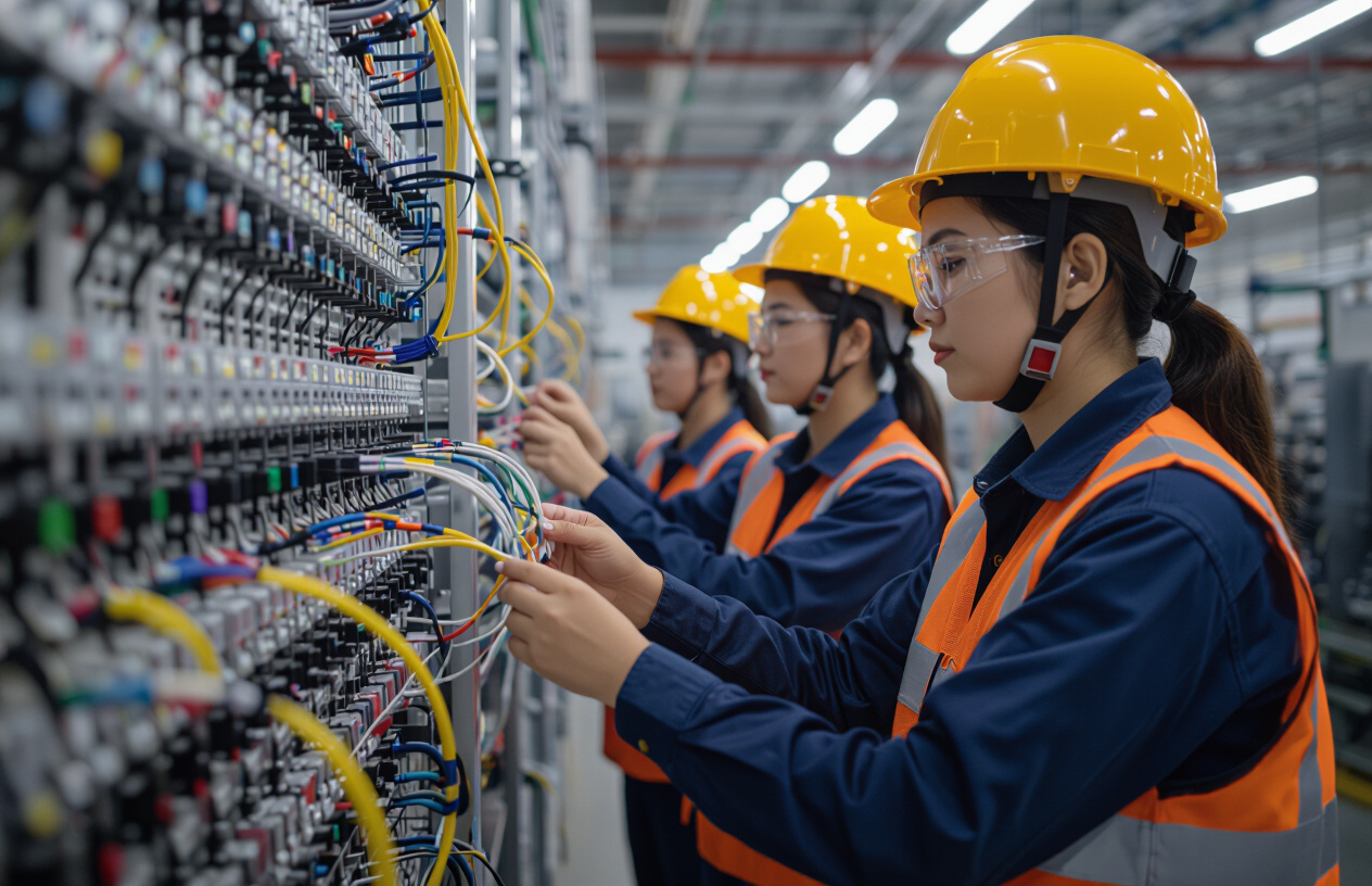 Kỹ Thuật Viên Việt Nam Lắp Đặt Hệ Thống Điện Nhẹ Cho Nhà Xưởng.