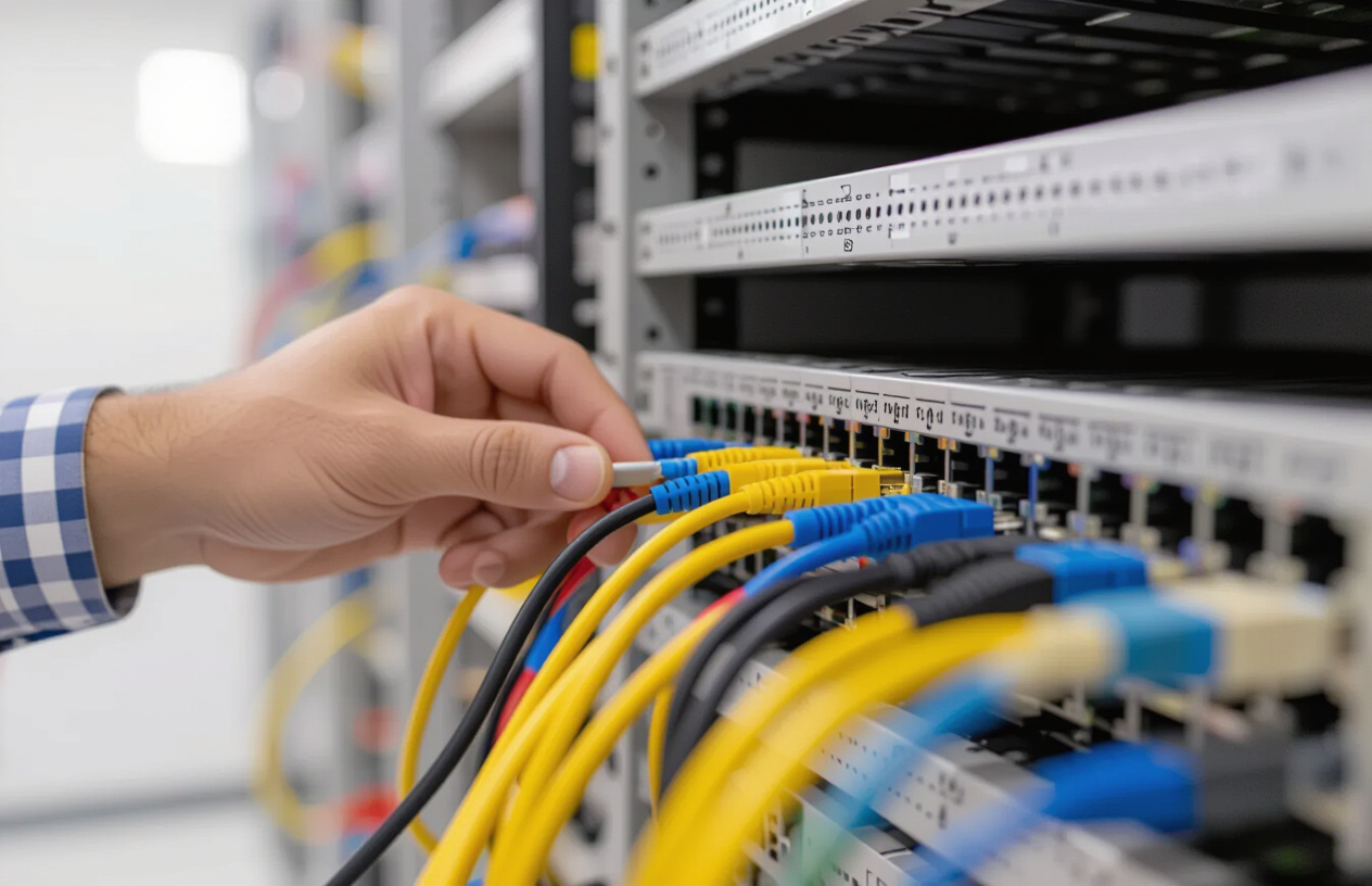 Kỹ Thuật Viên Maytinhbentre.Com Đang Kiểm Tra Hệ Thống Cáp Mạng Lan Văn Phòng Tại Bến Tre.