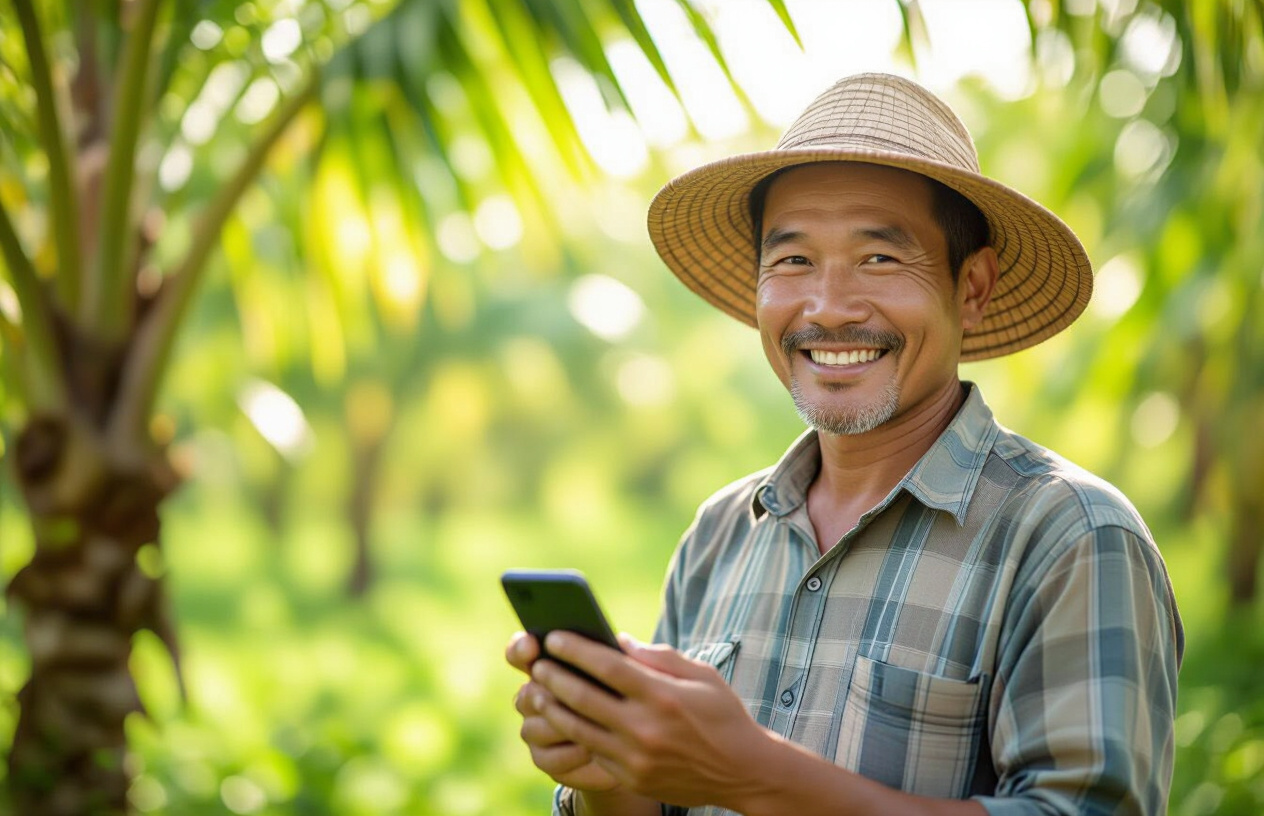 Một Người Nông Dân Bến Tre Đang Xem Hình Ảnh Cây Trồng Qua Ứng Dụng Trên Điện Thoại Di Động.
