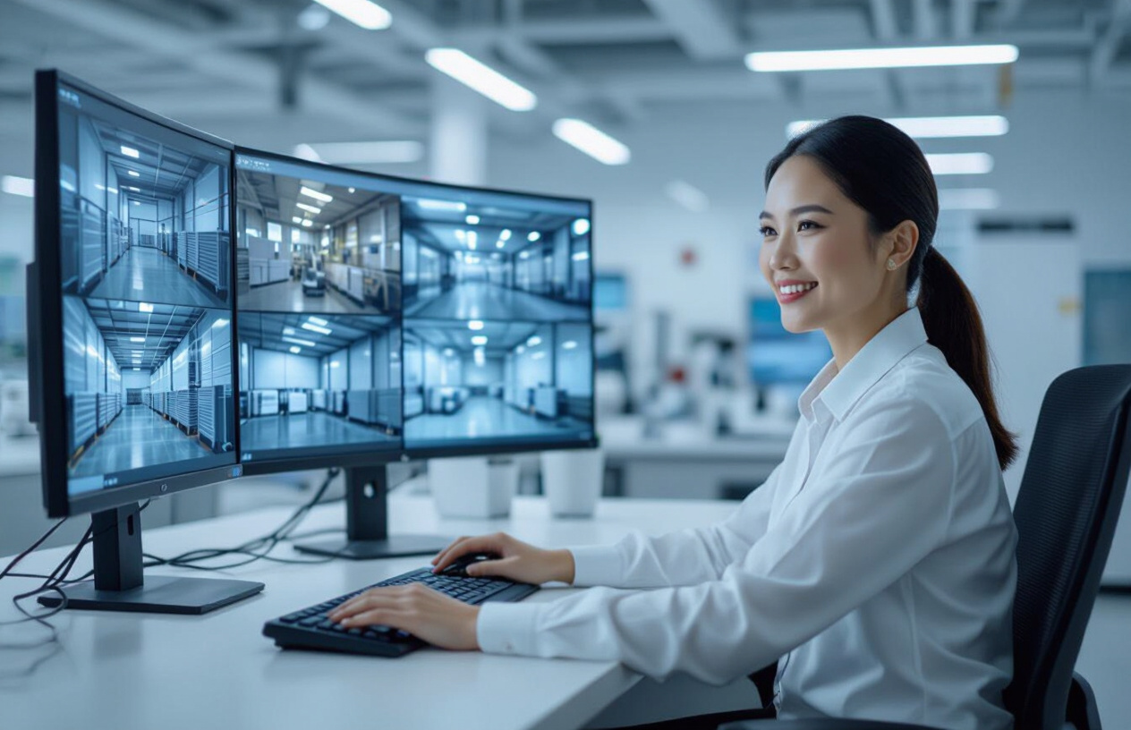 Chủ Doanh Nghiệp Theo Dõi Hệ Thống An Ninh Kho Lạnh Qua Màn Hình Giám Sát.