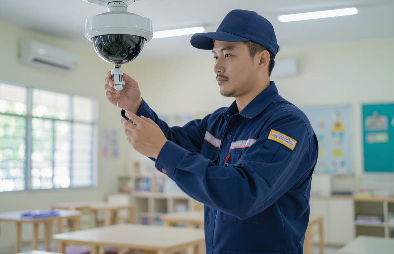 Kỹ Thuật Viên Máy Tính Bến Tre Đang Lắp Đặt Camera An Ninh Tại Nhà Trẻ.