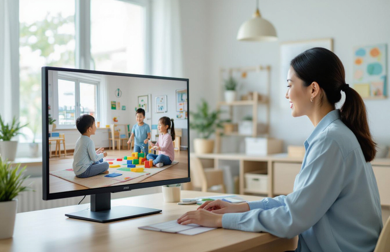 Phụ Huynh Hoặc Giáo Viên Đang Xem Màn Hình Giám Sát Camera Trường Mầm Non, Đảm Bảo An Toàn Cho Trẻ Em.