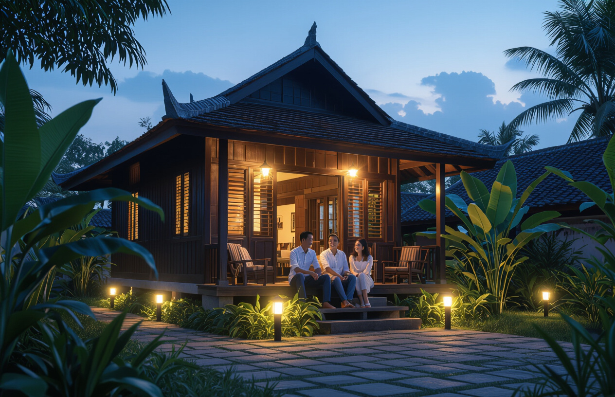 Ngôi Nhà Ở Bến Tre Được Chiếu Sáng Ấm Áp Bằng Đèn Năng Lượng Mặt Trời Vào Buổi Tối.