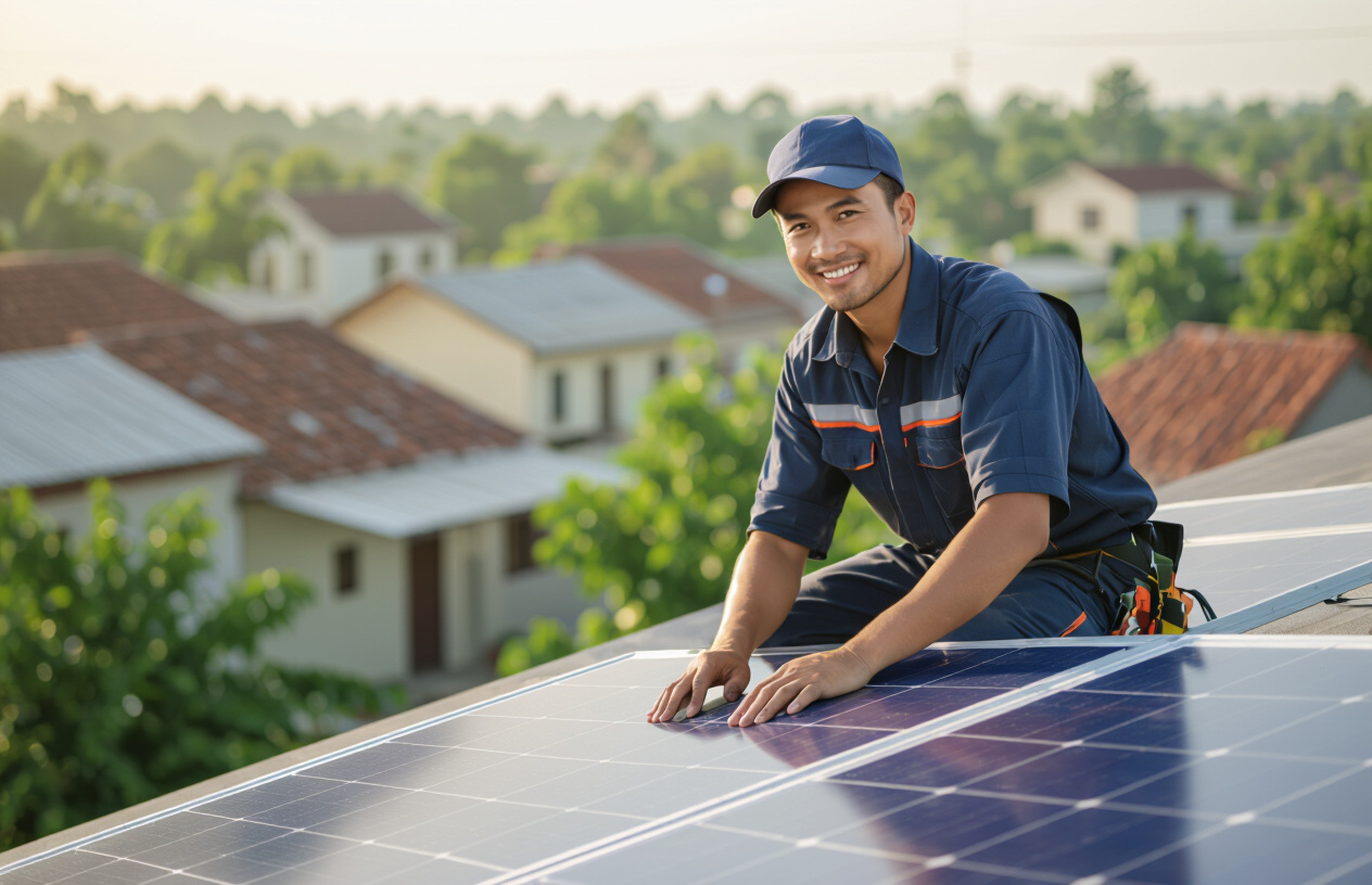 Kỹ Thuật Viên Chuyên Nghiệp Tại Bến Tre Đang Lắp Đặt Tấm Pin Năng Lượng Mặt Trời Lên Mái Nhà.