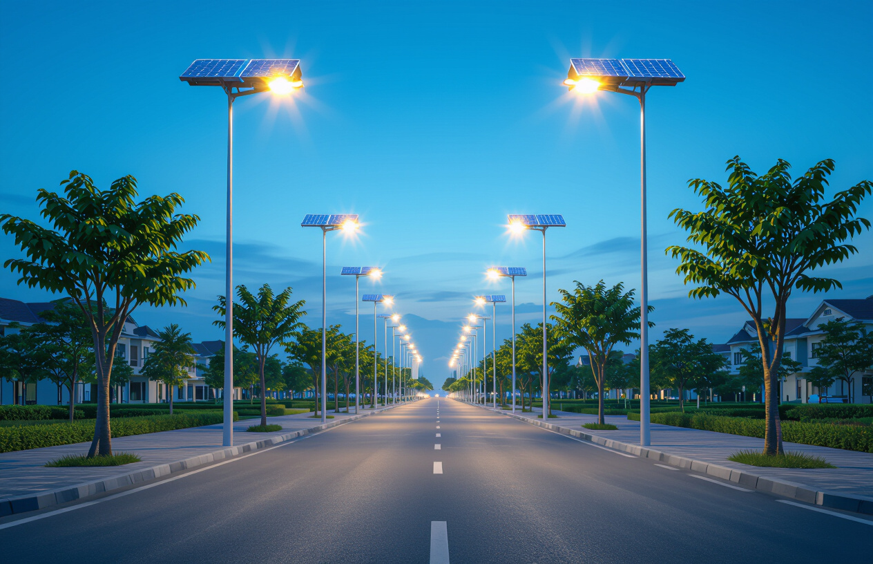 Những Chiếc Đèn Đường Năng Lượng Mặt Trời Hiện Đại Chiếu Sáng Một Con Đường Sạch Đẹp Ở Bến Tre.