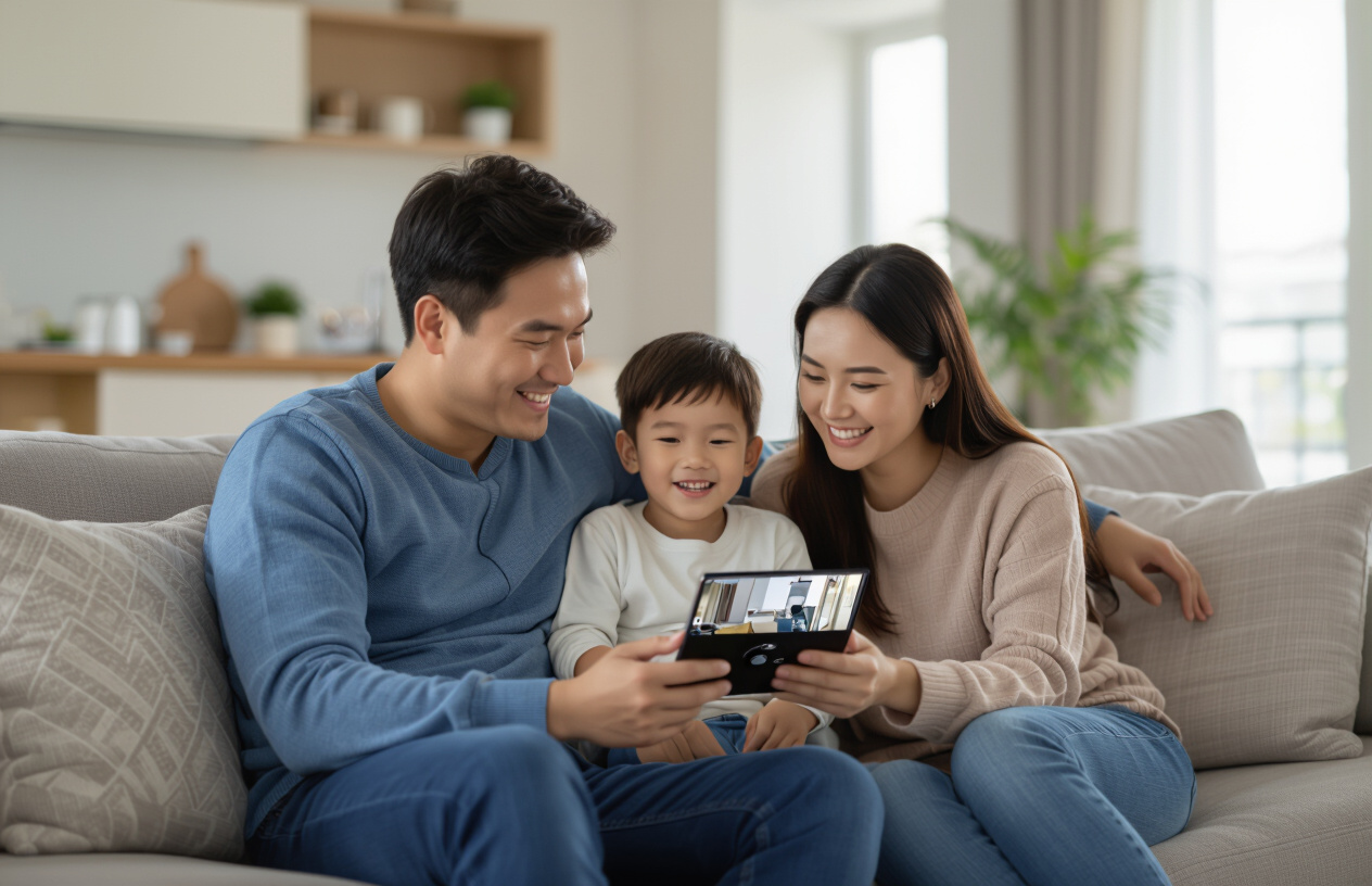 Một Gia Đình Việt Nam Đang Xem Màn Hình Giám Sát Camera, Thể Hiện Sự An Tâm Và Bình Yên.