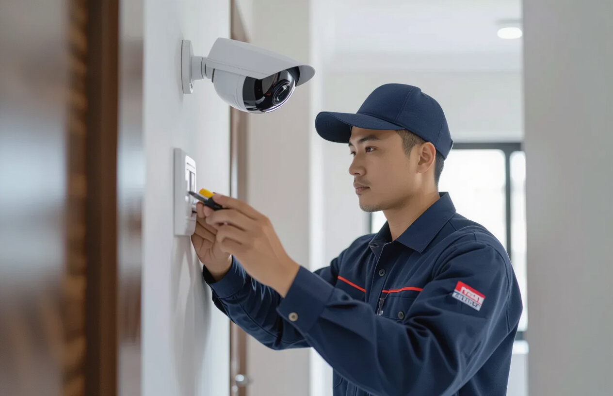 Kỹ Thuật Viên Chuyên Nghiệp Của Máy Tính Bến Tre Đang Lắp Đặt Camera An Ninh Một Cách Cẩn Thận.