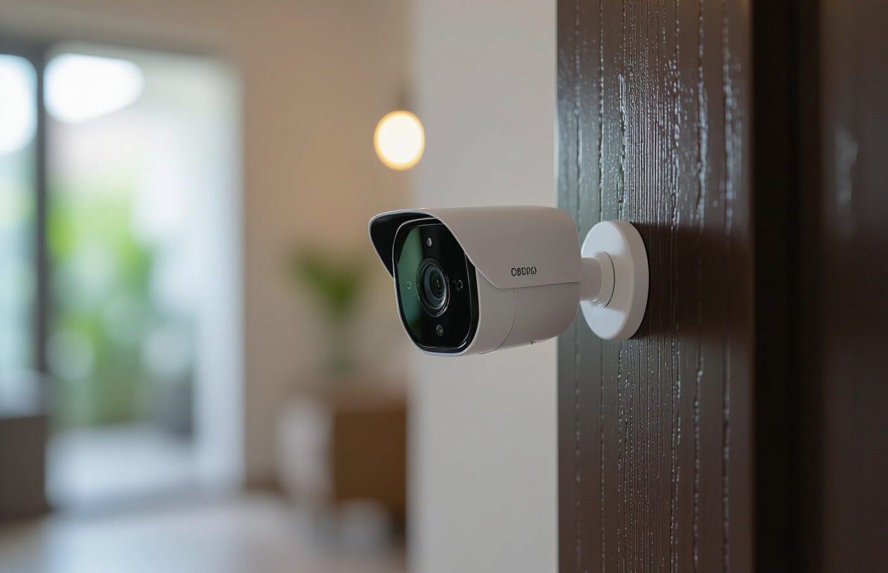 Hình Ảnh Cận Cảnh Một Chiếc Camera An Ninh Gia Đình Hiện Đại Với Thiết Kế Tinh Tế.