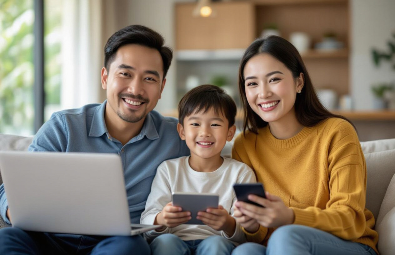 Gia Đình Việt Vui Vẻ Sử Dụng Internet Tốc Độ Cao, Mượt Mà Tại Nhà Nhờ Wifi 6.