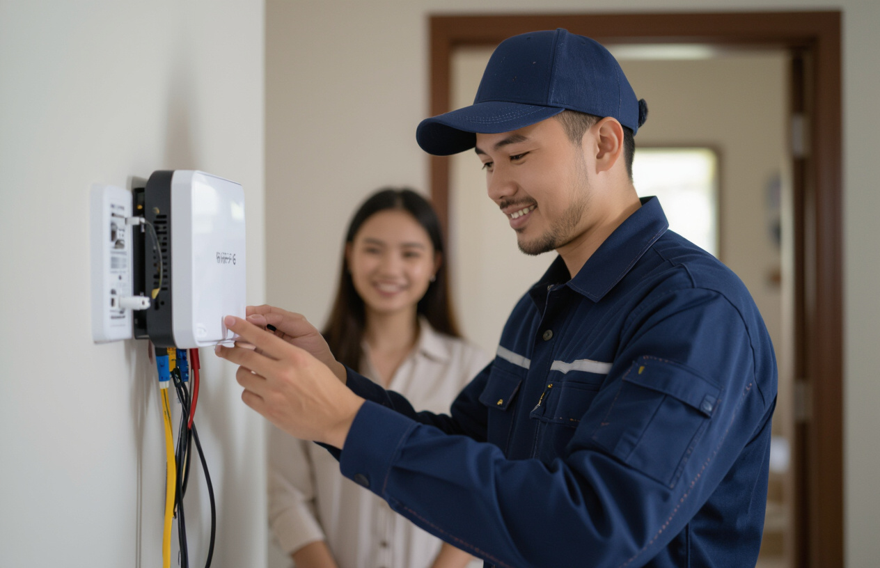 Kỹ Thuật Viên Máy Tính Bến Tre Đang Lắp Đặt Router Wifi 6 Chuyên Nghiệp Cho Gia Đình.