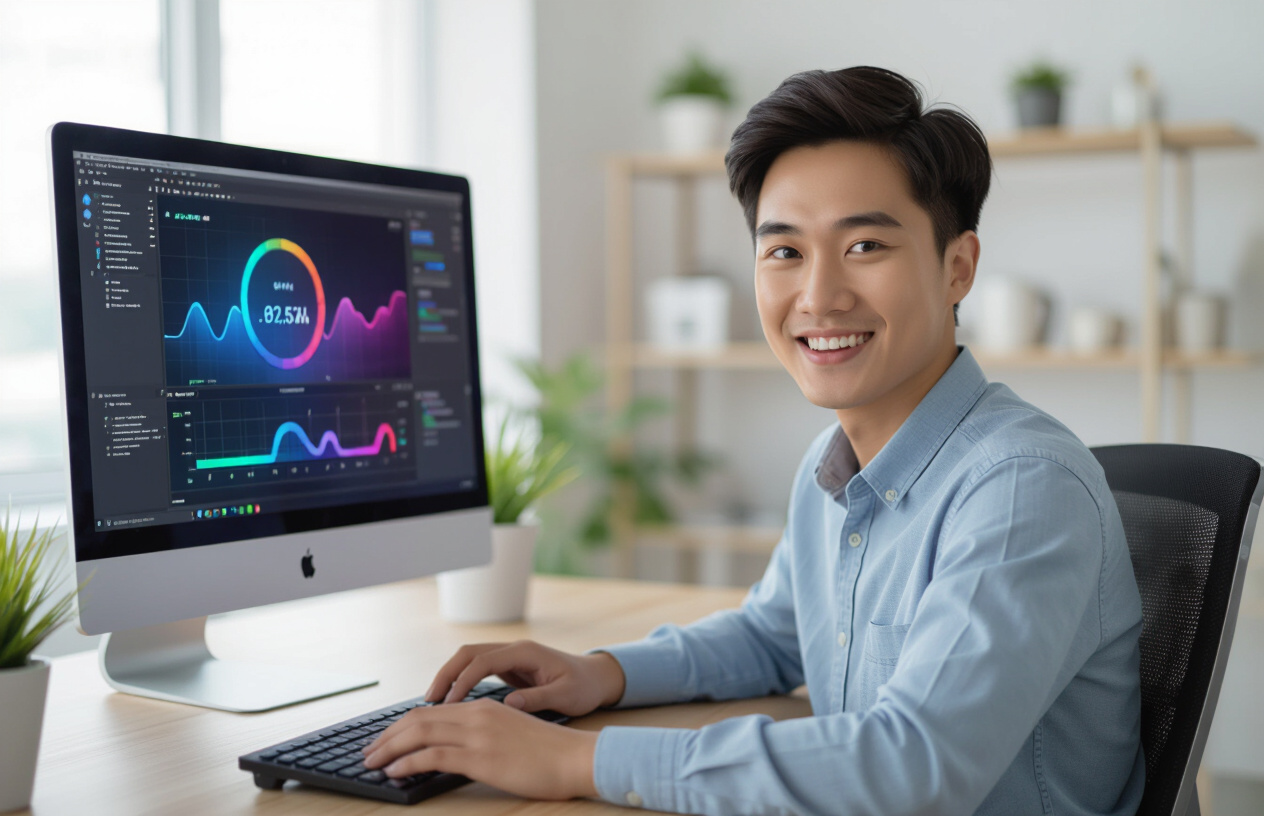 Một Người Dùng Máy Tính Việt Nam Đang Làm Việc Hiệu Quả, Tươi Cười Với Pc Hoạt Động Trơn Tru Sau Khi Được Vệ Sinh. Màn