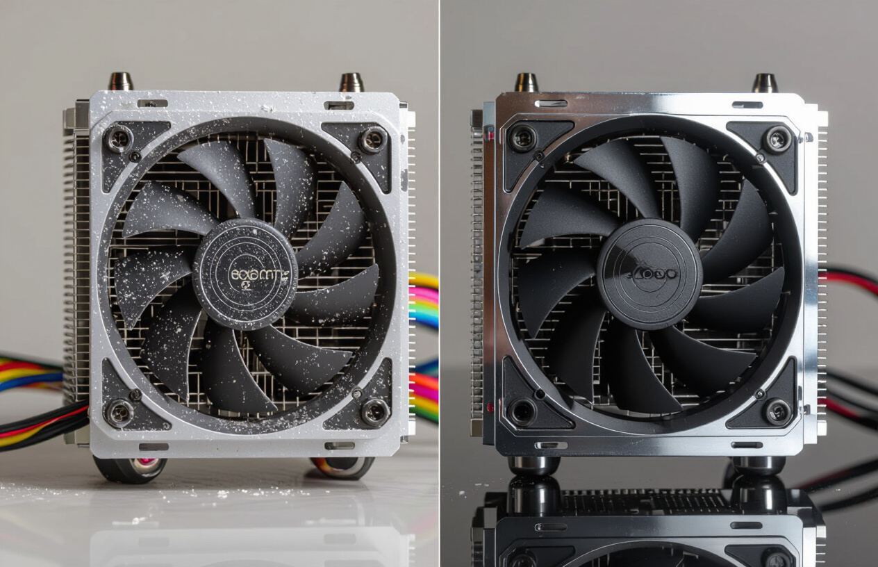 So Sánh Trước Và Sau Khi Vệ Sinh Két Nước Tản Nhiệt Pc: Bên Trái Bẩn Và Bên Phải Sạch Sẽ, Sáng Bóng.