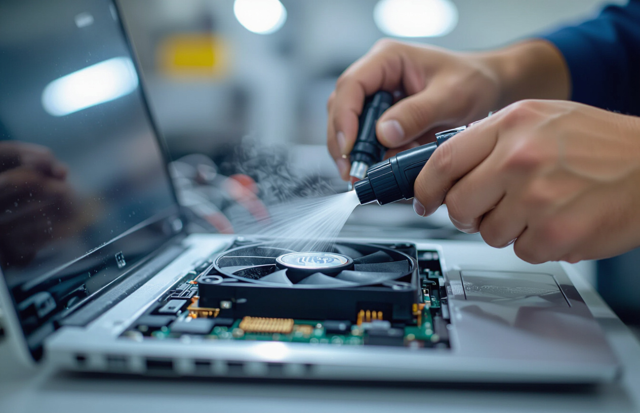 Kỹ Thuật Viên Đang Vệ Sinh Bên Trong Laptop Cũ Tại Bến Tre.