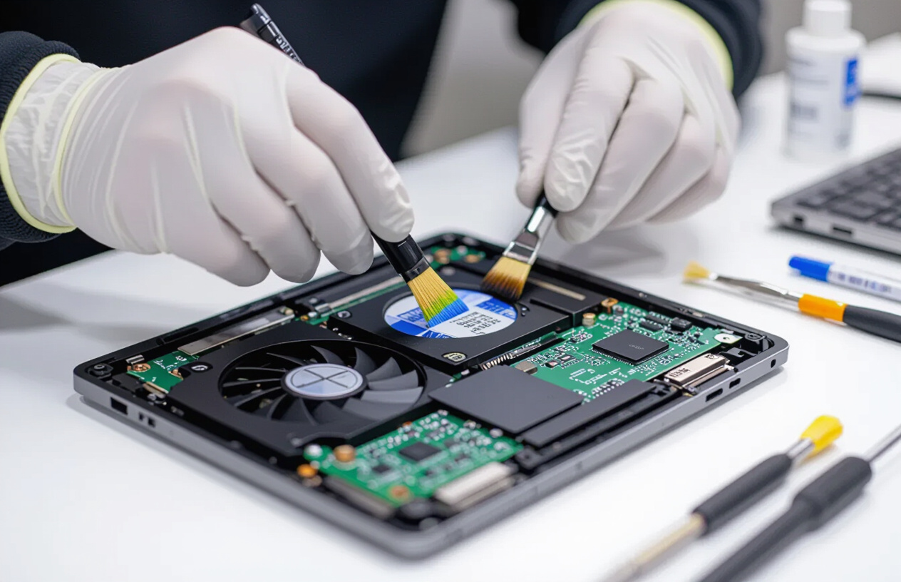 Kỹ Thuật Viên Chuyên Nghiệp Tại Máy Tính Bến Tre Đang Vệ Sinh Tản Nhiệt Laptop Surface.