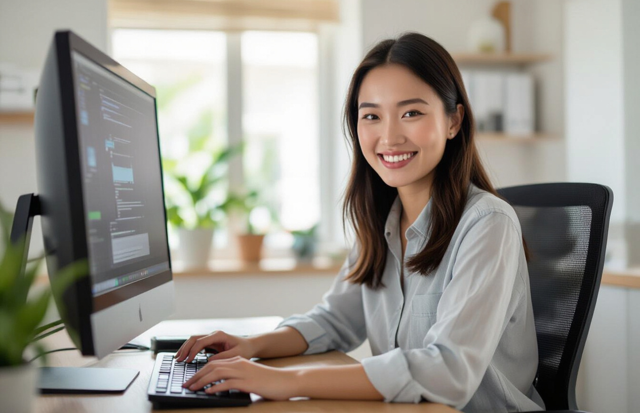Một Người Dùng Máy Tính Tại Bến Tre Đang Vui Vẻ Và Thoải Mái Làm Việc Trên Pc Của Mình Sau Khi Được Bảo Dưỡng, Máy Chạ