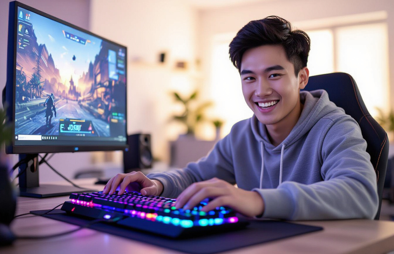 Game Thủ Việt Nam Trẻ Tuổi Đang Say Sưa Chơi Game Với Bàn Phím Cơ E-Dra Ek387.
