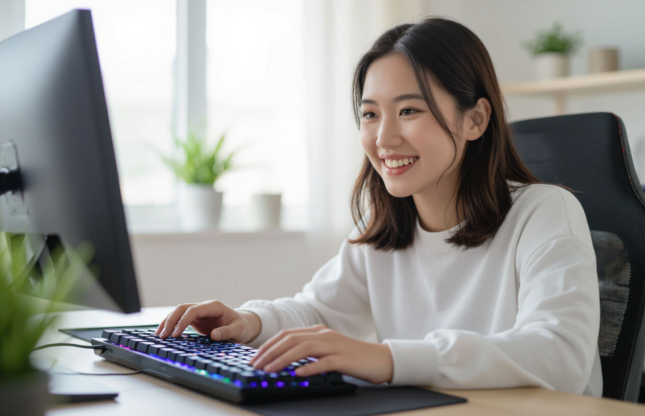 Người Dùng Vui Vẻ Trải Nghiệm Bàn Phím Cooler Master Mk730 Trong Không Gian Làm Việc Hiện Đại.