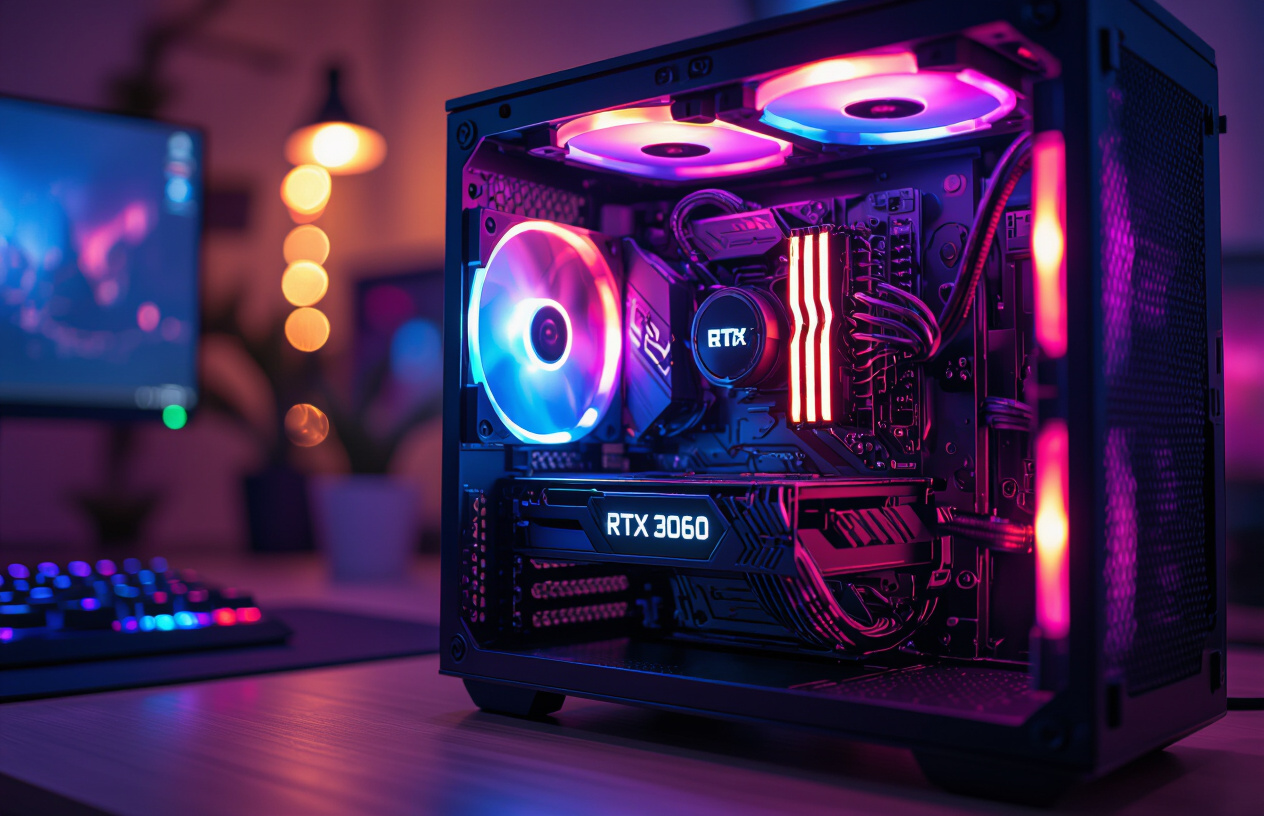 Một Dàn Máy Tính Chơi Game Với Card Đồ Họa Rtx 3060 Đang Hoạt Động, Hiển Thị Ánh Sáng Rgb.