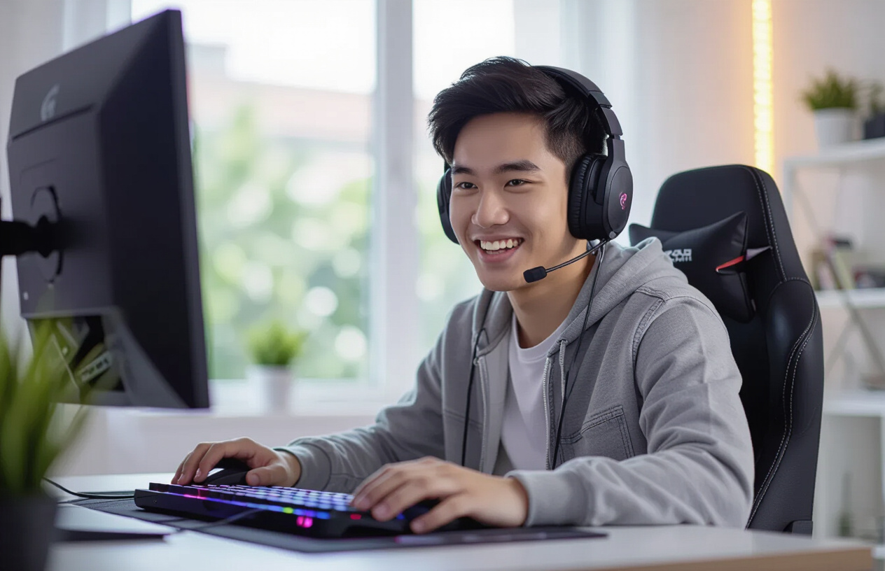Một Game Thủ Trẻ Người Việt Đang Sử Dụng Chuột Logitech G402 Trong Không Gian Gaming Hiện Đại Tại Bến Tre.
