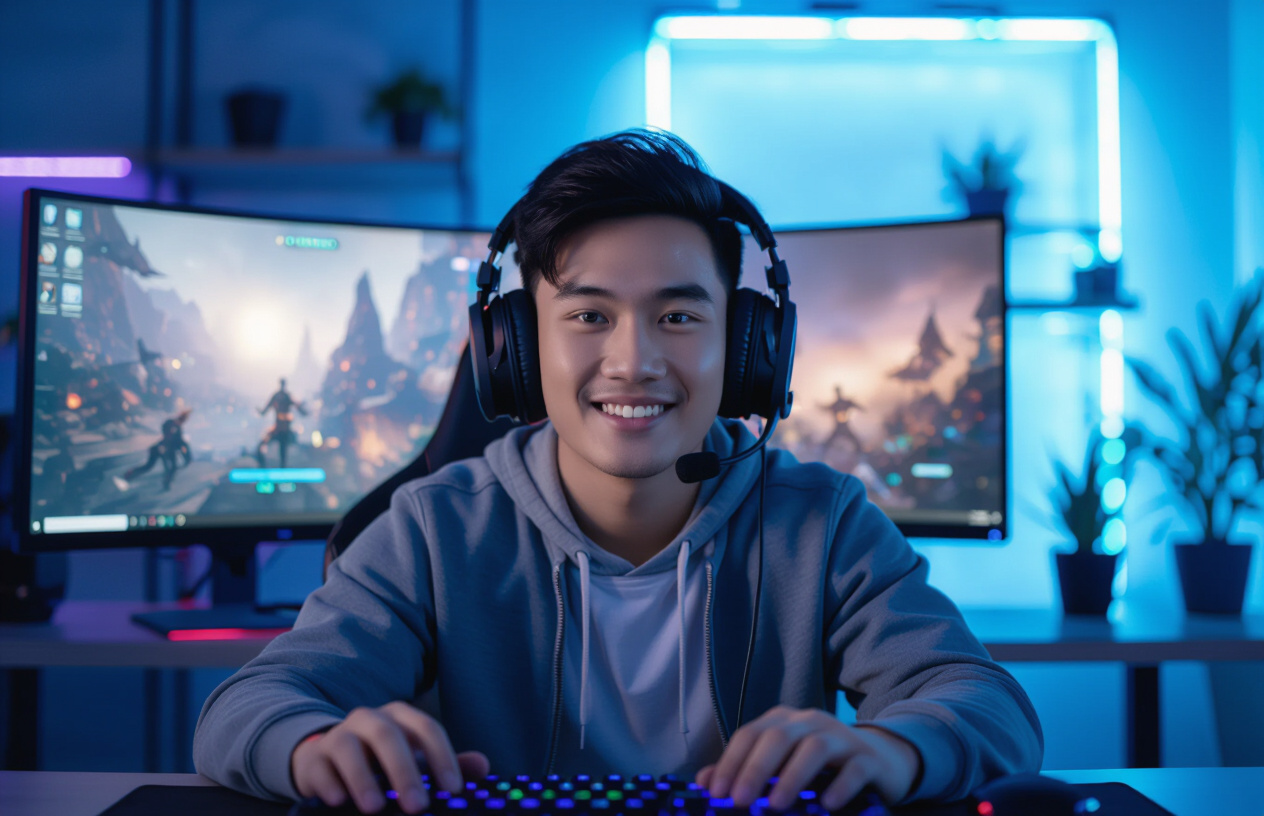 Một Game Thủ Trẻ Người Việt Đang Trải Nghiệm Màn Hình Cong 27 Inch 144Hz Trong Phòng Gaming Hiện Đại.
