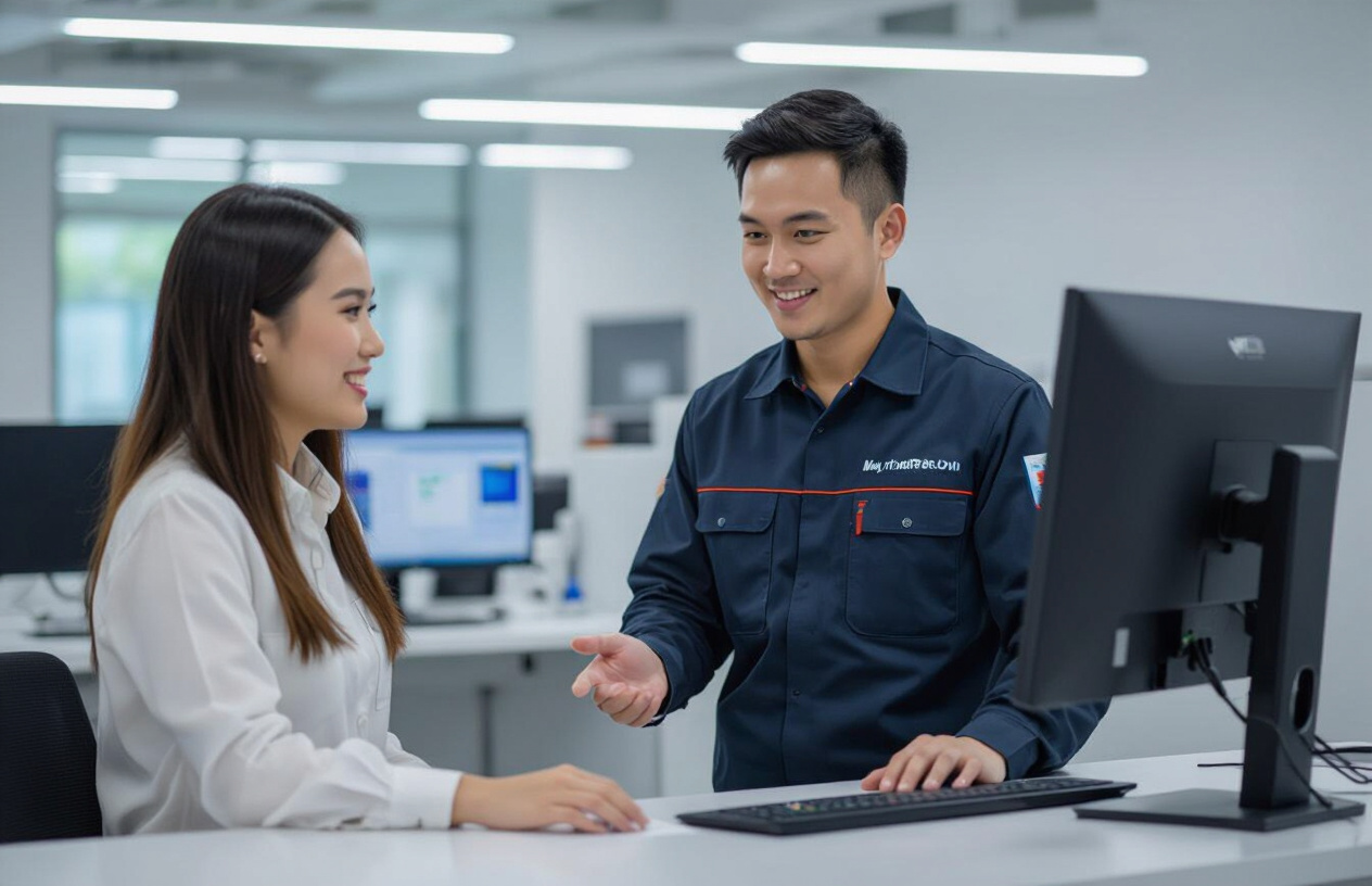 Nhân Viên Máy Tính Bến Tre Đang Tư Vấn Chuyên Nghiệp Cho Khách Hàng Về Màn Hình Máy Tính.