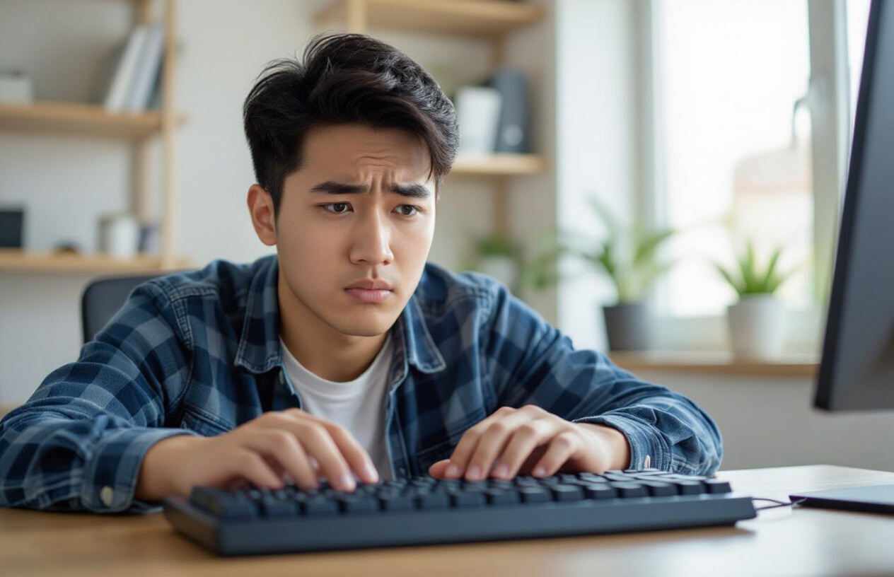 Người Dùng Việt Nam Đang Cau Mày Nhìn Bàn Phím Cơ Với Một Nút Bị Liệt, Thể Hiện Sự Khó Chịu.
