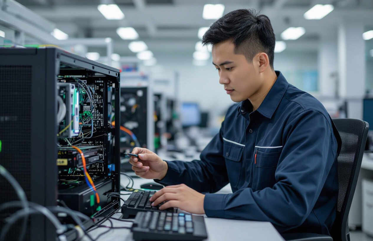 Kỹ Thuật Viên Chuyên Nghiệp Máy Tính Bến Tre Đang Kiểm Tra Hệ Thống Máy Tính Văn Phòng Tại Châu Thành, Bến Tre.